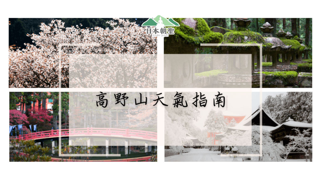 文字為「高野山天氣指南」，背景為高野山四季對應的照片