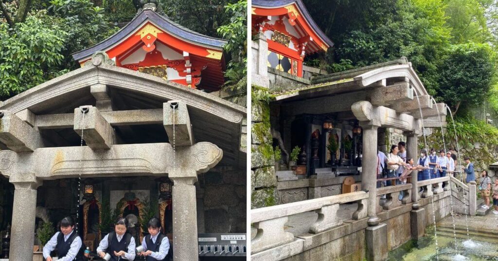 清水寺音羽之瀑的正面與側面取水場景