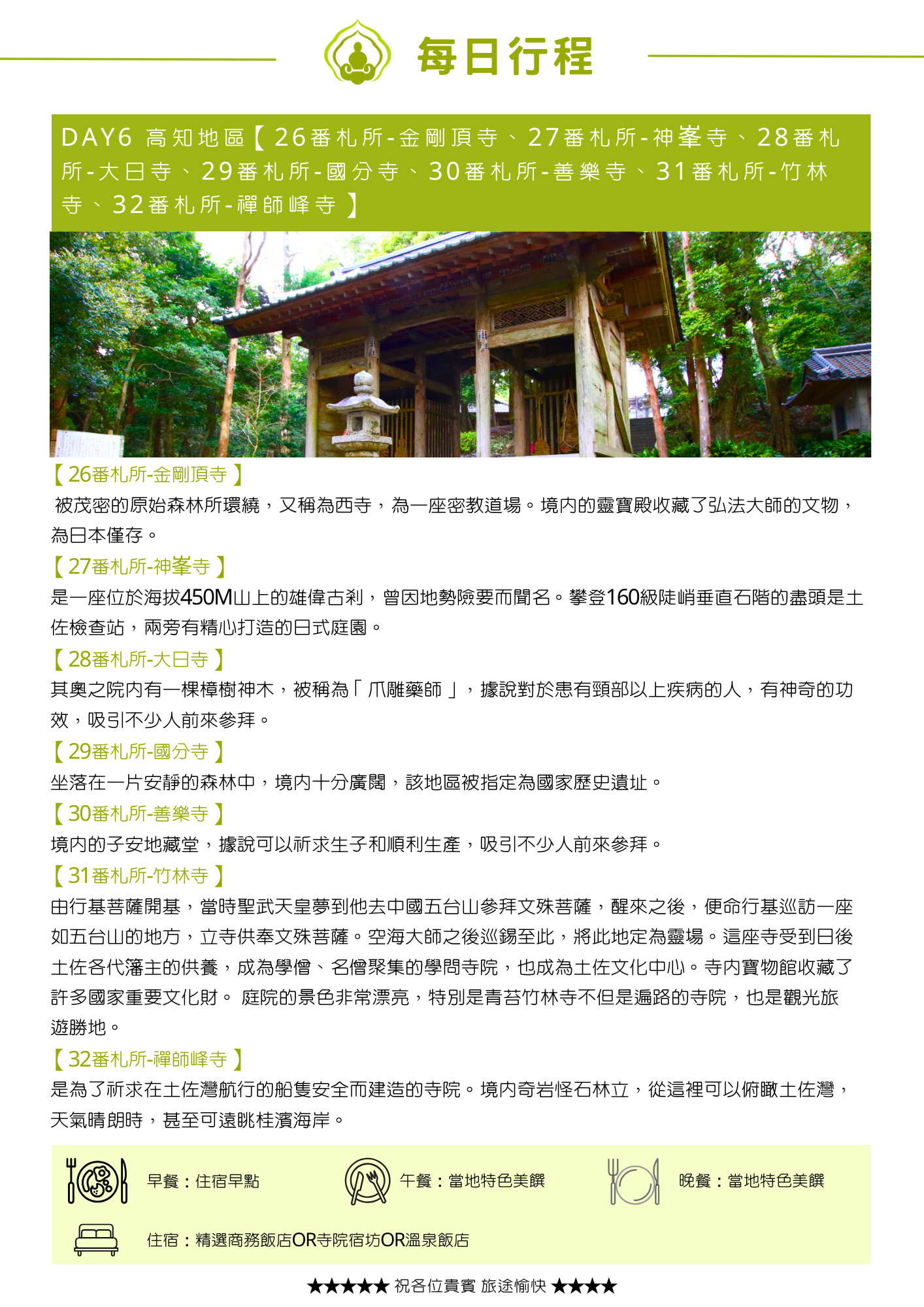 綠色標題列列出當日七處參訪地點。內文依段落標題介紹:「【26番札所-金剛頂寺】」說明被茂密原始森林環繞,又稱西寺,境內靈寶殿收藏弘法大師文物;「【27番札所-神峯寺】」說明位於海拔450M山上,攀登160級陡峭垂直石階可達土佐檢查站;「【28番札所-大日寺】」說明奧之院內有一棵被稱為「爪雕藥師」的樟樹神木;「【29番札所-國分寺】」說明坐落安靜森林中,該地區被指定為國家歷史遺址;「【30番札所-善樂寺】」說明境內子安地藏堂據說可祈求生子和順利生產;「【31番札所-竹林寺】」講述行基菩薩開基、以中國五台山文殊菩薩信仰為本立寺的故事,寺內寶物館收藏許多國家重要文化財;「【32番札所-禪師峰寺】」說明是為祈求土佐灣航行船隻安全而建,境內奇岩怪石林立可俯瞰土佐灣。主圖為古樸木造涼亭山門於綠意林蔭間的照片。頁末列出當日餐食與住宿資訊。