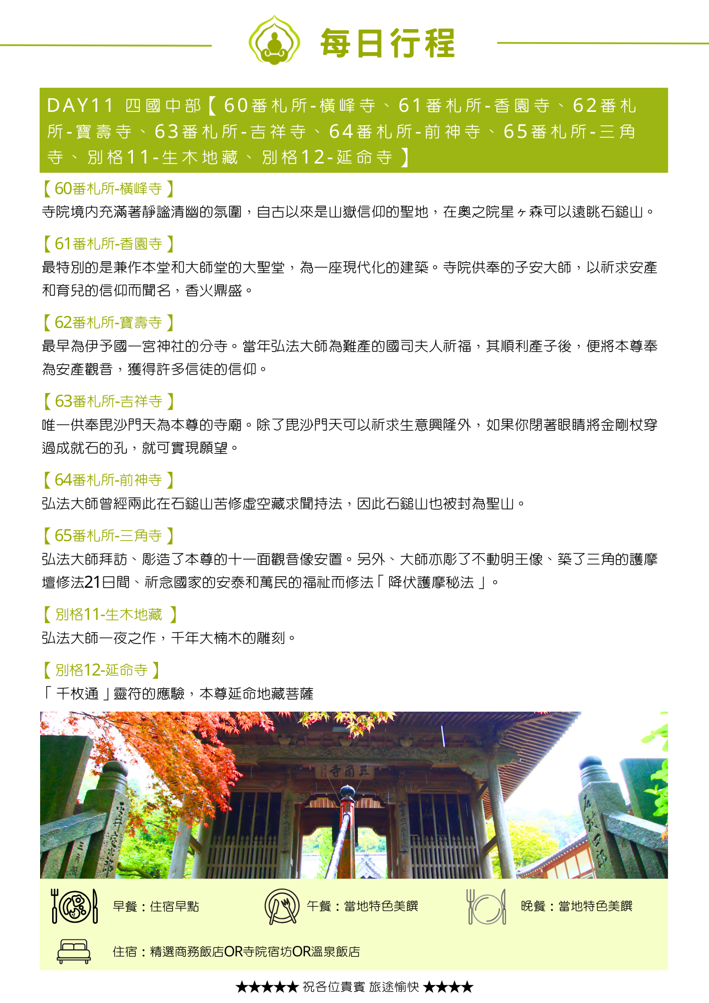 綠色標題列列出當日八處參訪地點。內文依段落標題介紹:「【60番札所-橫峰寺】」說明境內充滿靜謐清幽氛圍,是山嶽信仰聖地,可遠眺石鎚山;「【61番札所-香園寺】」說明最特別是兼作本堂和大師堂的大聖堂,為現代化建築;「【62番札所-寶壽寺】」講述弘法大師為難產國司夫人祈福,本尊奉為安產觀音;「【63番札所-吉祥寺】」說明是唯一供奉毘沙門天為本尊的寺廟,將金剛杖穿過成就石之孔可實現願望;「【64番札所-前神寺】」說明弘法大師曾兩度在石鎚山苦修虛空藏求聞持法;「【65番札所-三角寺】」說明大師彫造十一面觀音像及不動明王像,並修法「降伏護摩秘法」21日間;「【別格11-生木地藏】」說明是弘法大師一夜之作,千年大楠木的雕刻;「【別格12-延命寺】」說明「千枚通」靈符的應驗,本尊延命地藏菩薩。主圖為木造涼亭山門懸掛匾額,周圍楓紅環繞的照片。頁末列出當日餐食與住宿資訊。