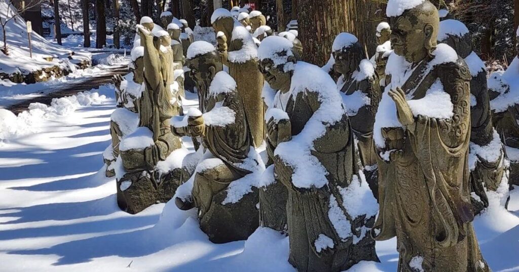 積雪覆蓋的四國遍路石佛群,冬季陽光下靜立於樹林間