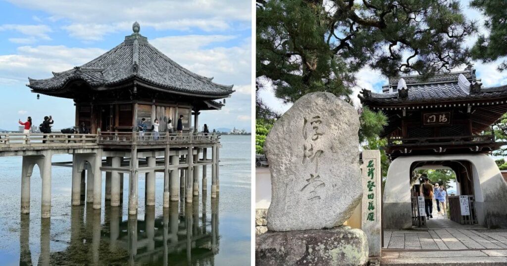 浮御堂湖上佛堂與入口石碑