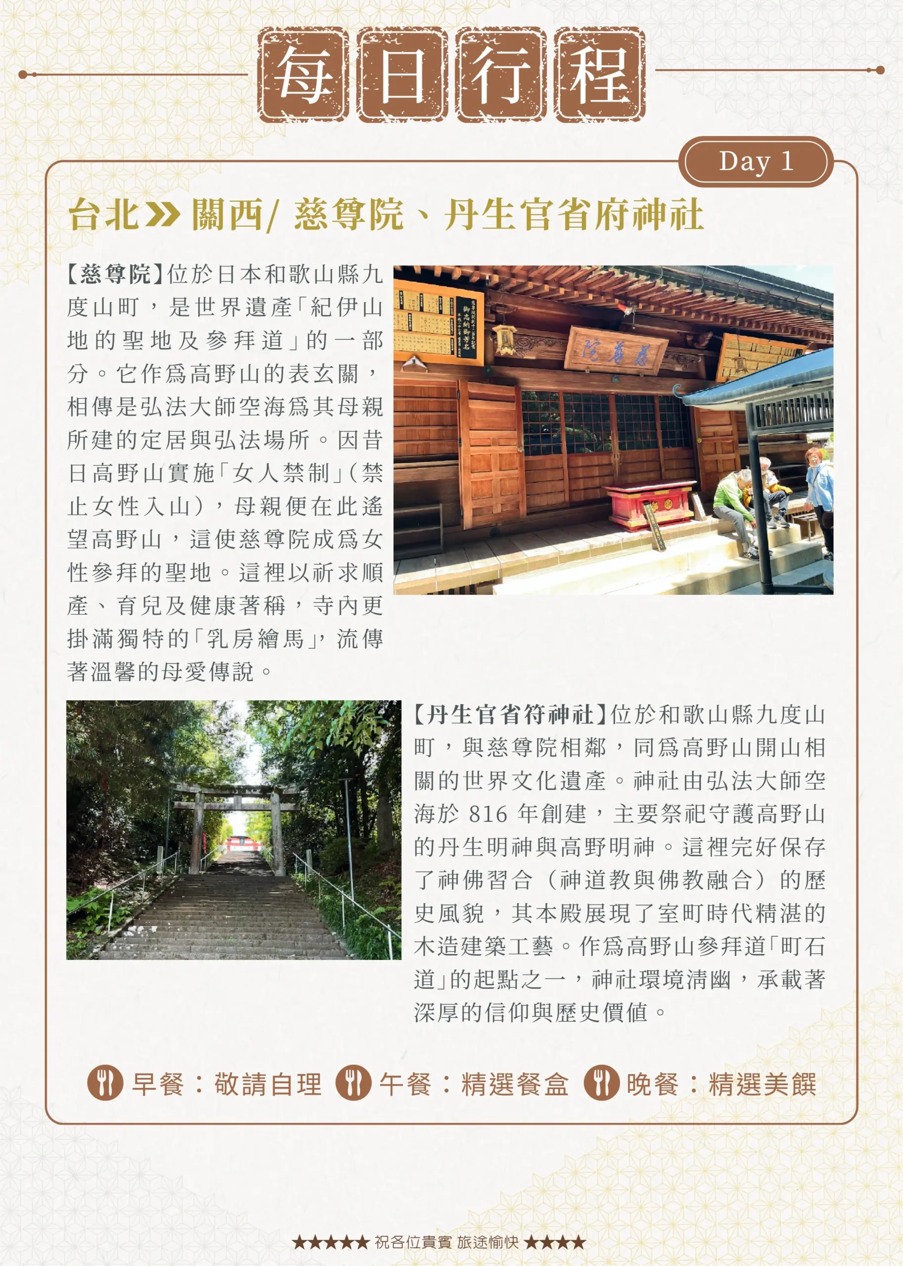 該圖片展示了第一天的朝聖起點。標題標註為「Day 1」，內文詳細介紹世界遺產「慈尊院」作為高野山表玄關的歷史，並附上一張木造宏偉本堂與參拜信眾的照片；下方則介紹由空海大師於816年創建的「丹生官省符神社」，並配有石階與古老木造鳥居延伸至山林間的清幽照片。