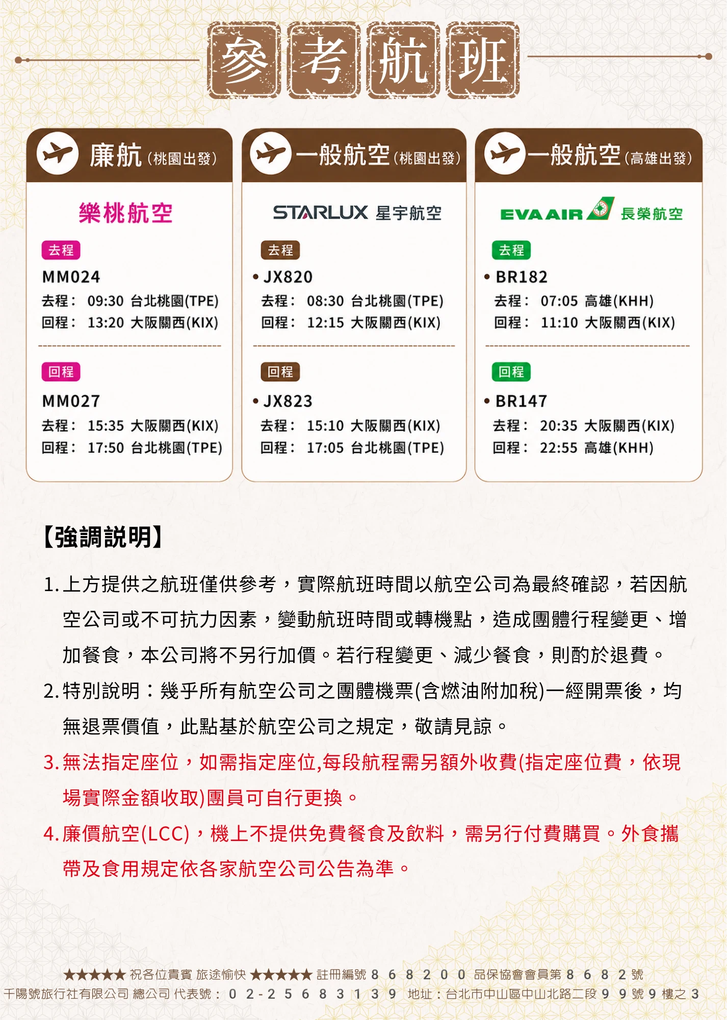 該圖片展示了本朝聖行程的參考航班資訊表格。圖中分為三個區塊，分別列出樂桃航空（桃園出發）、STARLUX星宇航空（桃園出發）與EVA AIR長榮航空（高雄出發）的去回程航班編號與起降時間。下半部則以文字詳細條列「強調說明」事項，包含無法指定座位、團體機票規定，以及廉價航空 LCC 的餐食與外食攜帶守則。