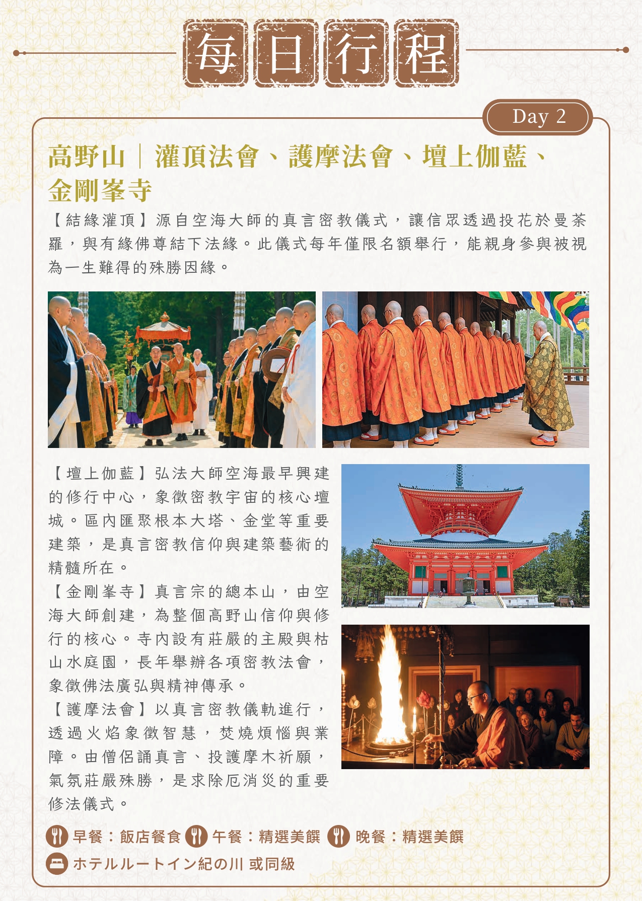 該圖片展示了第二天核心的高野山修持行程。右側配置了多張現場實景照，包含真言宗僧侶身穿黑白橘法衣列隊進行莊嚴結緣灌頂儀式的兩張活動照、宏偉橘紅色的「壇上伽藍根本大塔」外觀、以及殿內正在進行的「護摩法會」熊熊烈火修法場景。左側內文詳細解說了壇上伽藍、總本山金剛峯寺與護摩祈願的真言密教文化內涵。