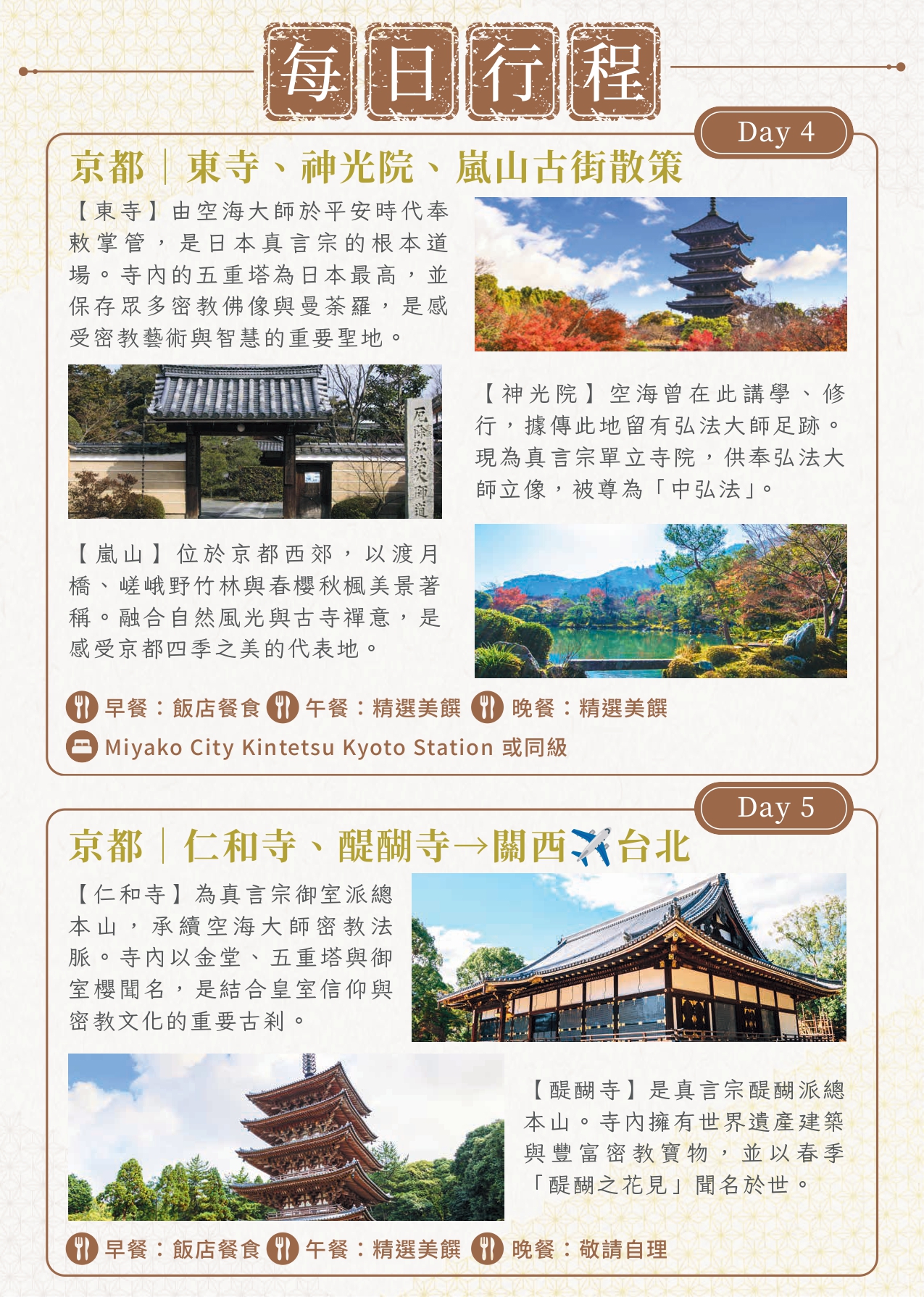 該圖片整合了第四天與第五天的古都朝聖與返台規劃。「Day 4」重點朝聖真言宗總本山「東寺」的日本最高五重塔、神光院古樸大門、以及充滿自然風光與古寺禪意的「嵐山」竹林與渡月橋春櫻秋楓之美；「Day 5」則深入探訪結合皇室信仰與密教文化的「仁和寺」御室櫻金堂建築，以及擁有豐富密教寶物與春季花見聞名的世界遺產「醍醐寺」木造五重塔。最下方註明當日晚餐因前往關西機場搭機而敬請自理。