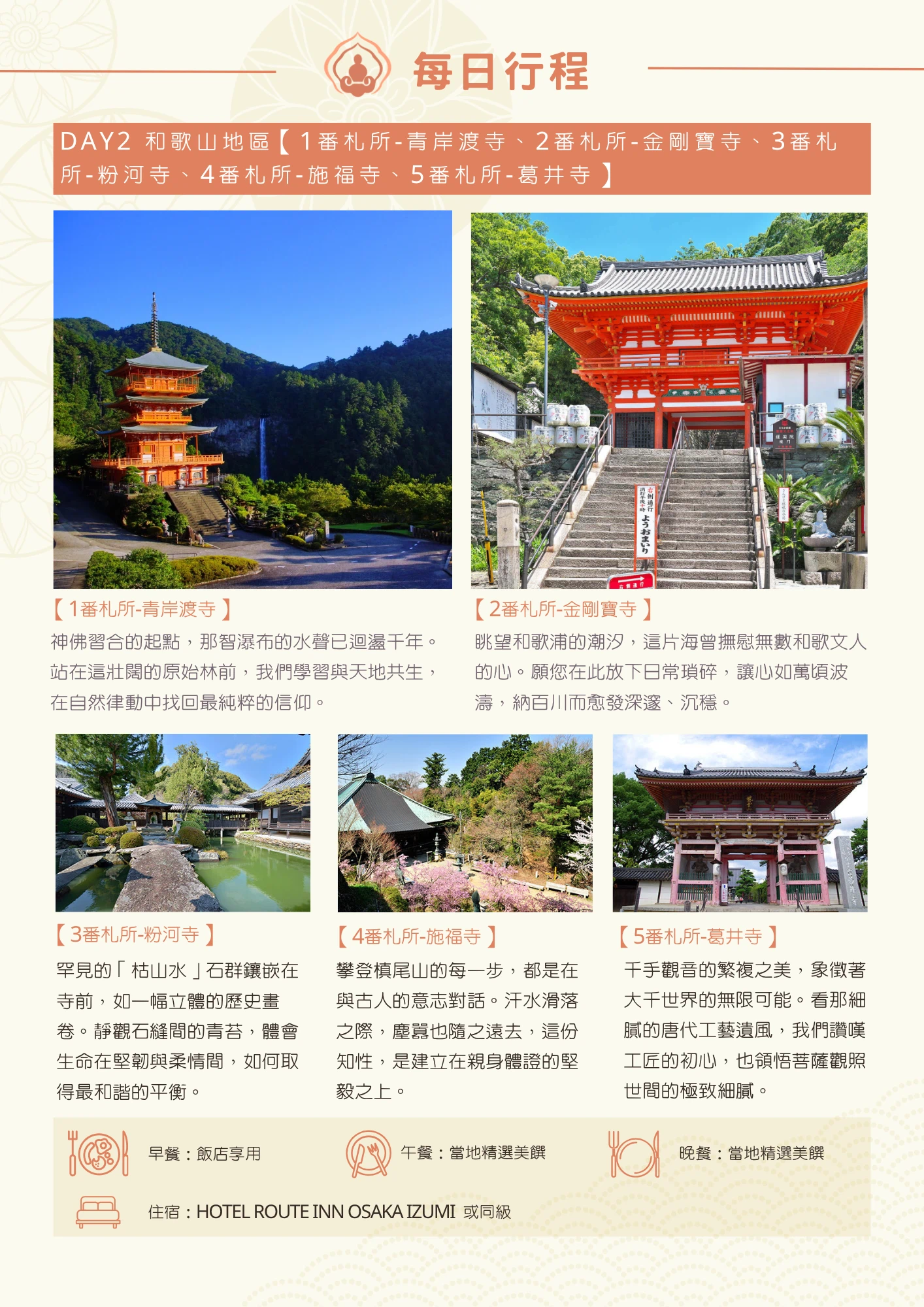 該圖片為行程手冊第二天頁面。橘色標題列列出當日參訪的五座札所名稱。五張主圖分別搭配一則短文說明：青岸渡寺以那智瀑布水聲與千年古林勉勵旅人與天地共生；金剛寶寺以眺望和歌浦潮汐，寓意放下瑣碎、心境沉穩；粉河寺以枯山水石群比喻生命的堅韌與柔情平衡；施福寺以攀登槙尾山比喻與古人意志對話、體證堅毅知性；葛井寺則以千手觀音之美，讚嘆唐代工藝與菩薩觀照世間的細膩。頁末列出當日餐食（早餐飯店享用、午晚餐當地美饌）與住宿資訊（HOTEL ROUTE INN OSAKA IZUMI 或同級）。