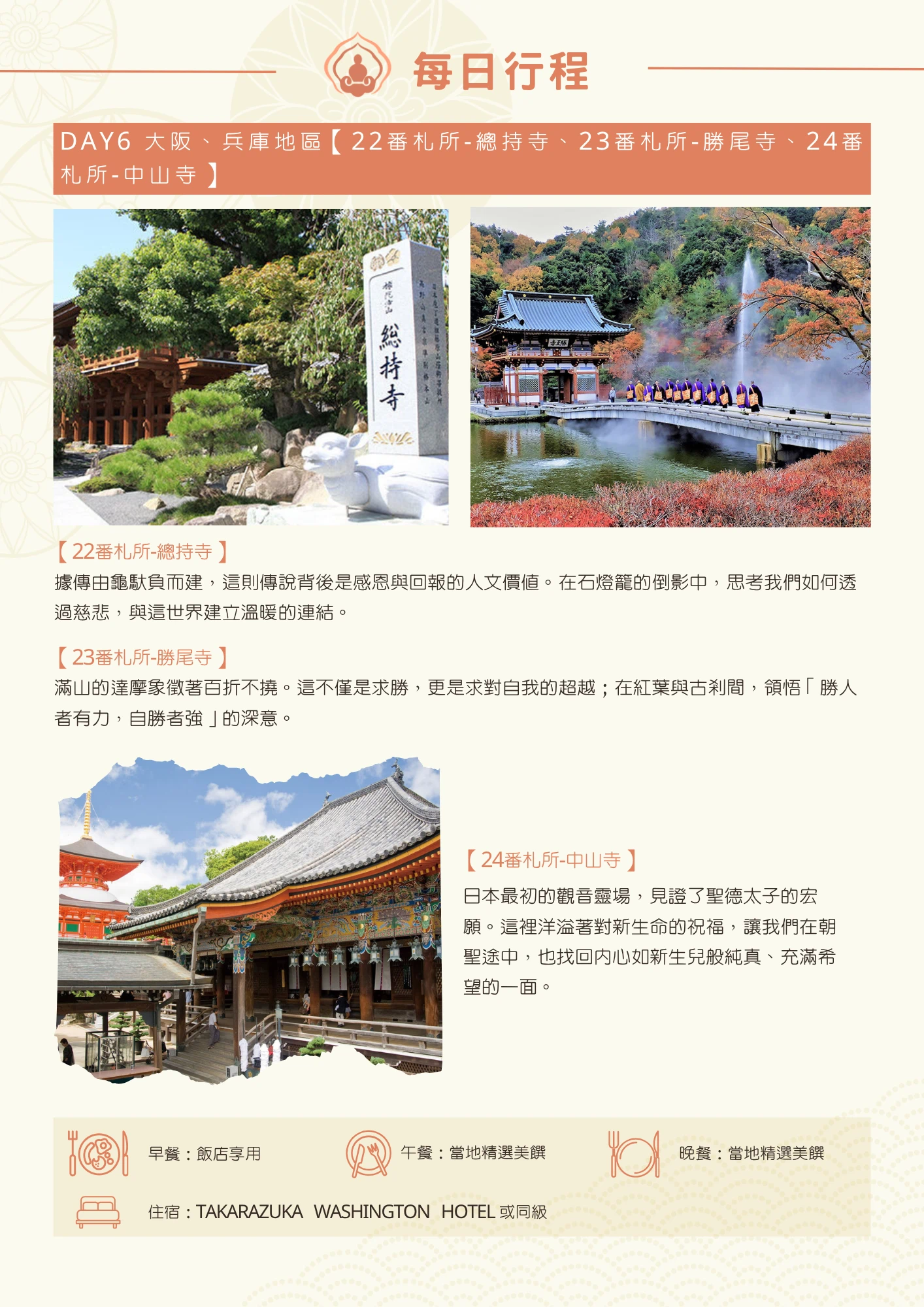 該圖片為行程手冊第六天頁面。橘色標題列列出當日三處參訪地點。三張主圖各附短文：總持寺相傳由龜馱負而建，寓意感恩與回報；勝尾寺滿山達摩像象徵百折不撓、自我超越，呼應「勝人者有力，自勝者強」之意；中山寺被稱為日本最初的觀音靈場，見證聖德太子宏願，寓意找回內心純真與希望。頁末列出當日餐食與住宿資訊（TAKARAZUKA WASHINGTON HOTEL 或同級）。