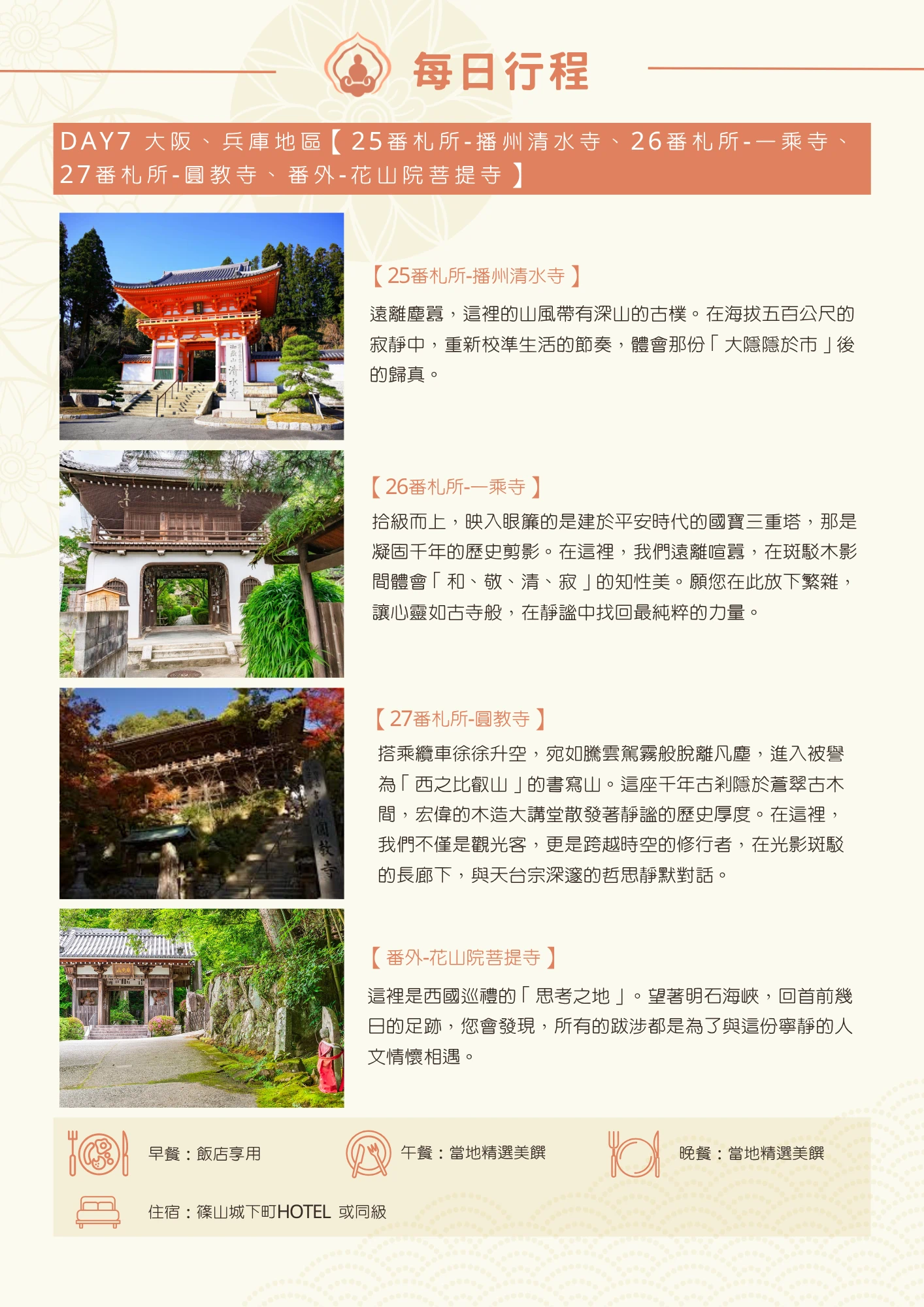 該圖片為行程手冊第七天頁面。橘色標題列列出當日四處參訪地點。四張主圖各附短文：播州清水寺位處海拔五百公尺山區，寓意「大隱隱於市」的歸真；一乘寺以平安時代國寶三重塔，體會「和、敬、清、寂」的知性美；圓教寺被稱為「西之比叡山」，述說搭乘纜車進入千年古剎、與天台宗哲思靜默對話；花山院菩提寺被稱為西國巡禮的「思考之地」，望著明石海峽回顧巡禮足跡。頁末列出當日餐食與住宿資訊（篠山城下町HOTEL或同級）。