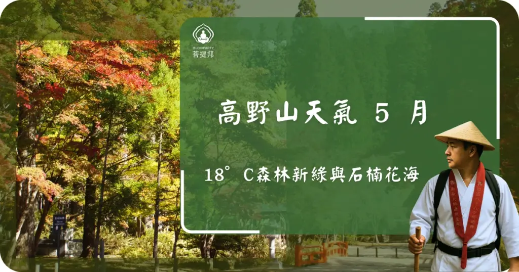 高野山天氣 5 月來到了春末夏初，氣溫約維持在 10°C 至 20°C 之間，是一年中氣候最怡人的旅遊時節。此時山林翠綠且能見度極高，非常適合戶外健行。菩提邦日本朝聖建議 5 月來訪可著重於森林療癒，在陽光灑落的古道中尋找心靈的寧靜。