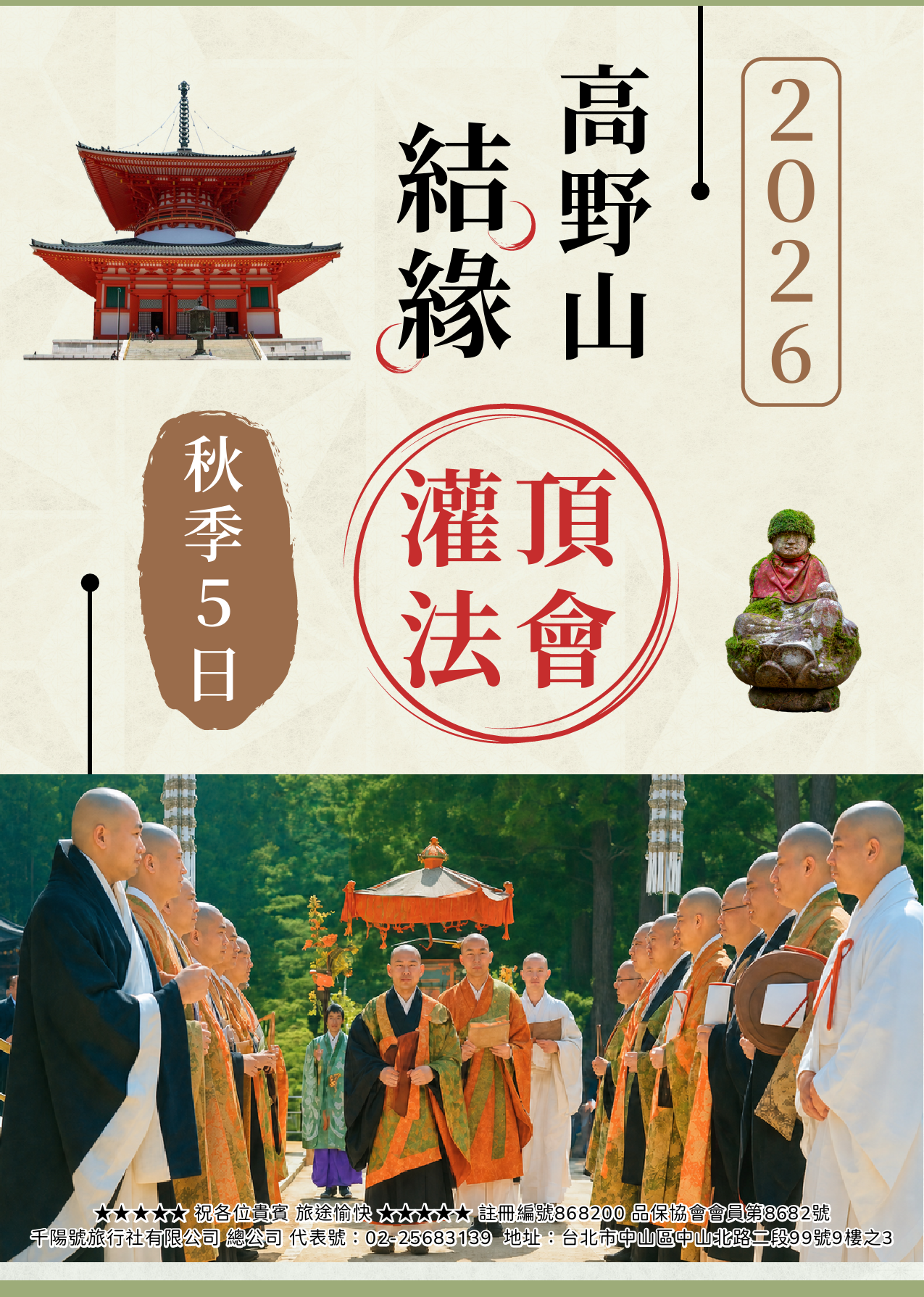 該圖片為「高野山結緣灌頂與京都朝聖 5 日之旅」旅遊行程表的精美封面。左上方印有高野山根本大塔的紅色建築插圖，右側則有供奉著青綠地藏尊的佛像圖。封面下半部主視覺展示了眾多身穿黑、白、橘僧袍的真言宗僧侶列隊於林間，手持法器進行莊嚴佛教儀式的震撼場景，充滿濃厚的神聖朝聖氛圍。最下方並印有千陽號旅行社的完整註冊編號與代表號。